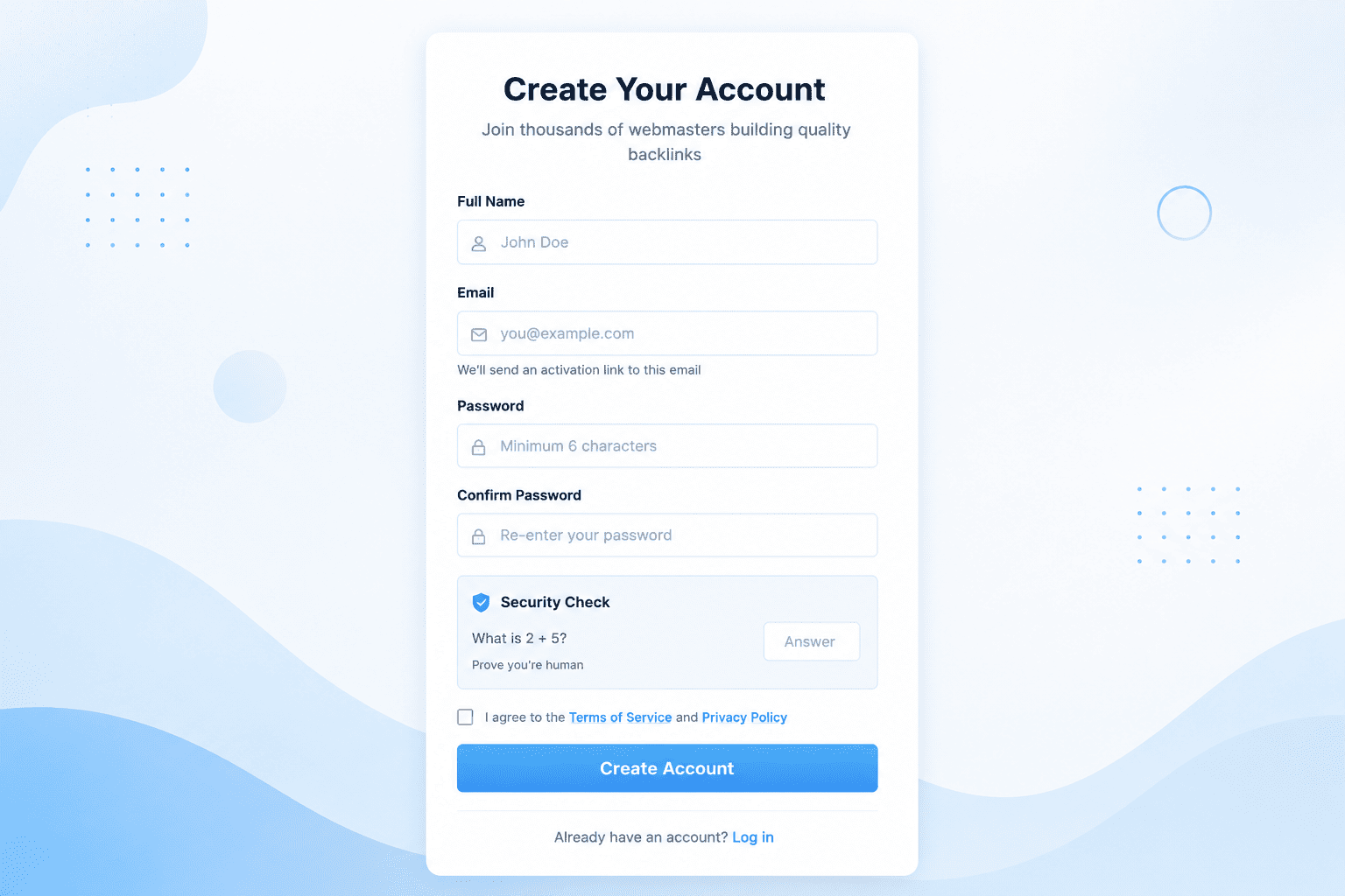Create Account Screenshot